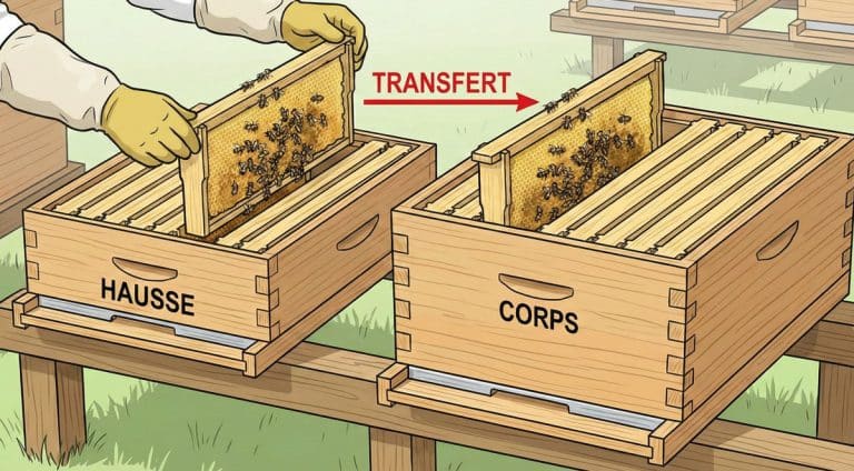 Transfert d'un essaims sur cadres de hausse vers des cadres de corps
